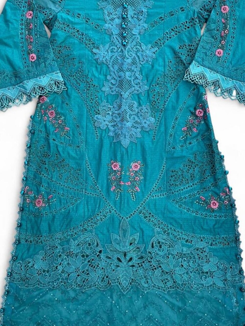 String Thread Teal Blue Lace Embroidered Kurti Pants Dupatta 3pc Suit Set XL New